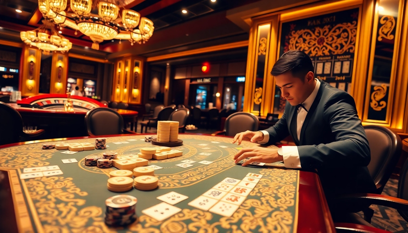 Pemain yang menikmati Link Mahjong dalam suasana kasino mewah dengan warna-warna yang hidup.