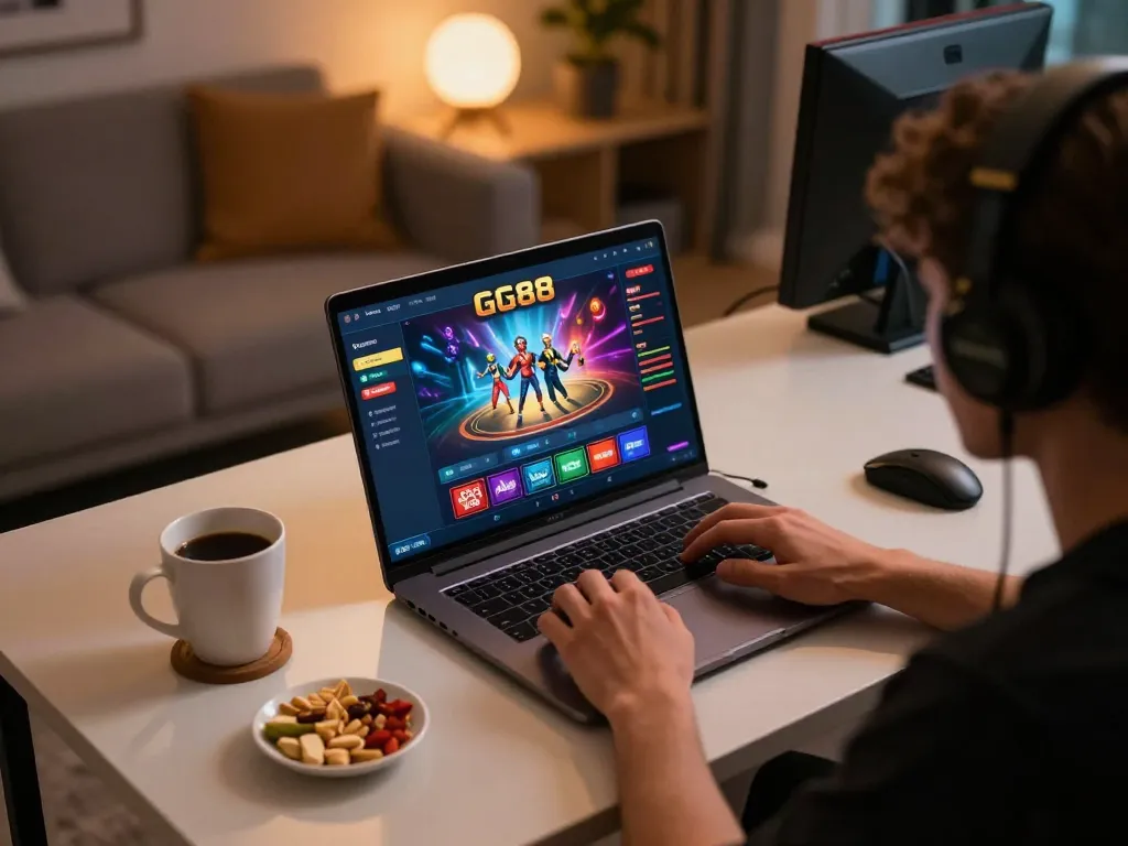 Engaging gameplay at GG88 online casino with player focused on laptop.