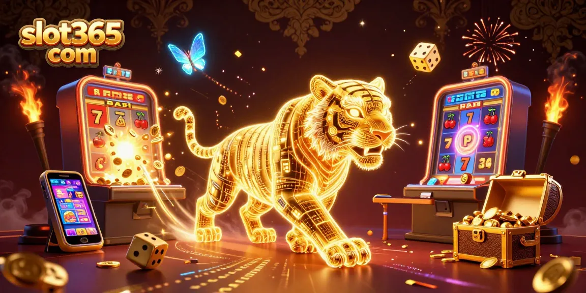 Experience excitement at slot365 com with a golden tiger in a vibrant digital casino setting.