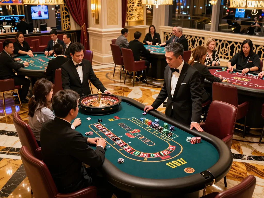 Aksi roulette Toto Macau dengan pemain yang terlibat dan croupier memutar roda dalam suasana kasino yang hidup.