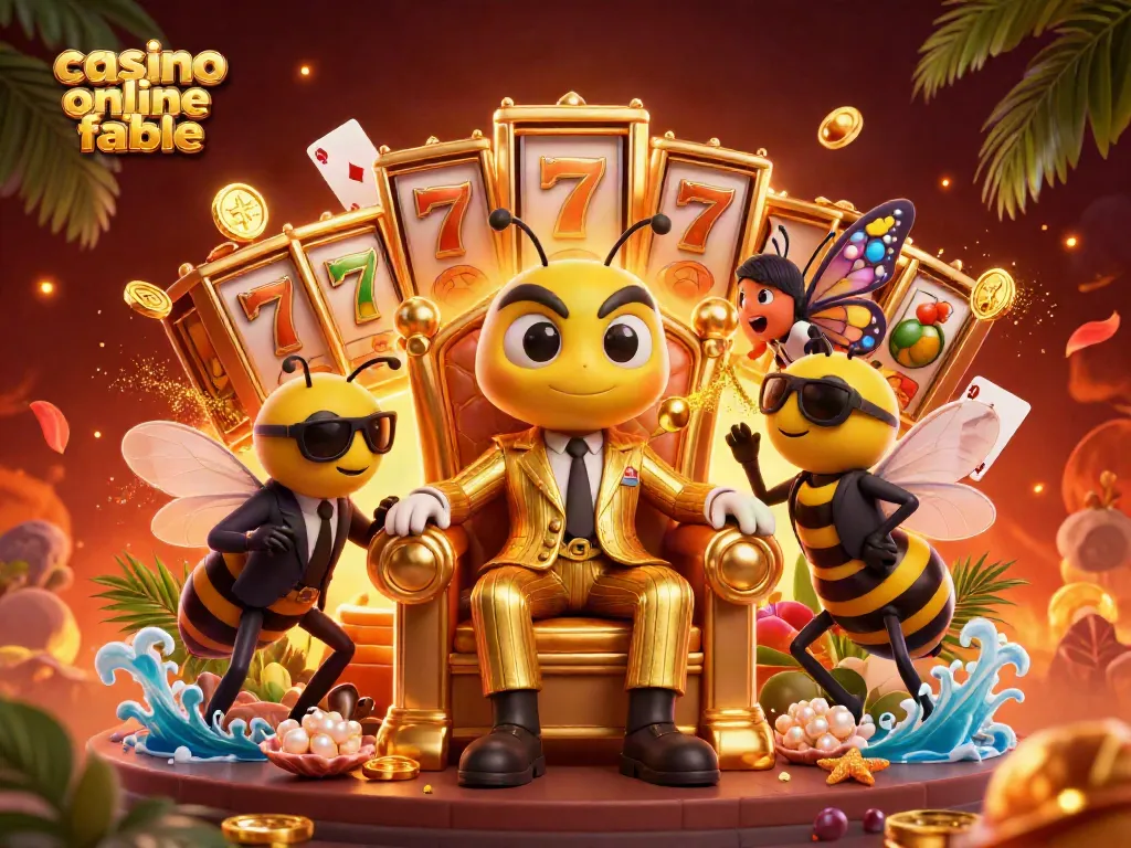 Juega y gana en un casino online fiable, con personajes animados rodeados de elementos de tragamonedas y jackpots.