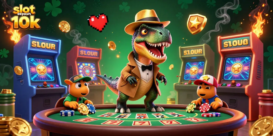 Engage with slot deposit 10k by witnessing a velociraptor at a blackjack table, surrounded by vibrant casino elements.