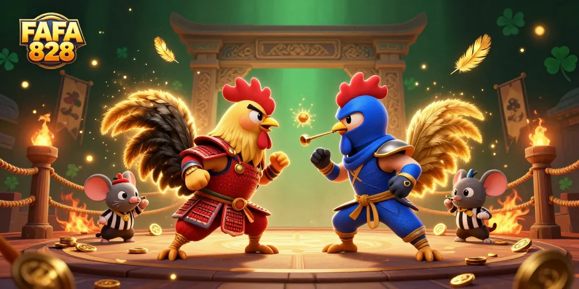 FAFA 828 features an epic showdown between cartoon roosters in a vibrant online casino setting.