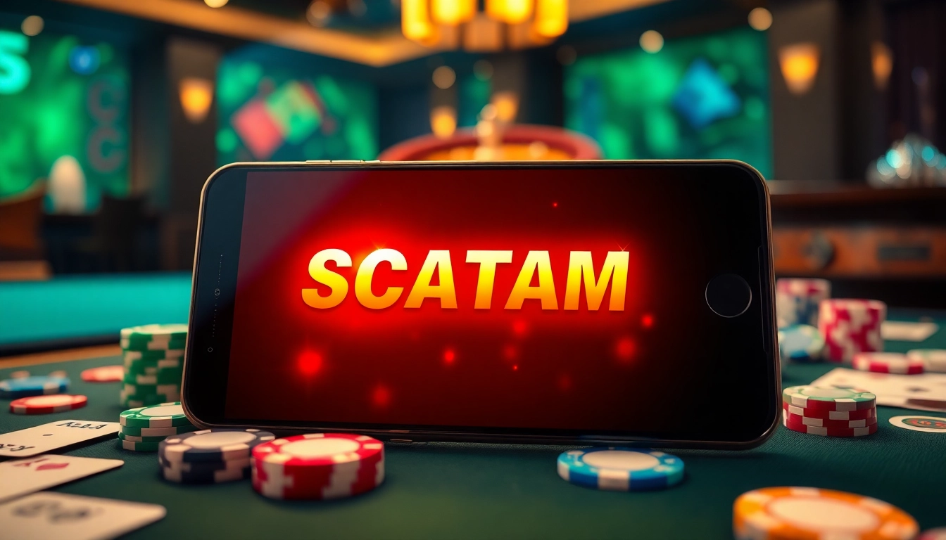 Scatter hitam symbol brightly illuminating a smartphone in a vibrant casino setting with poker elements.