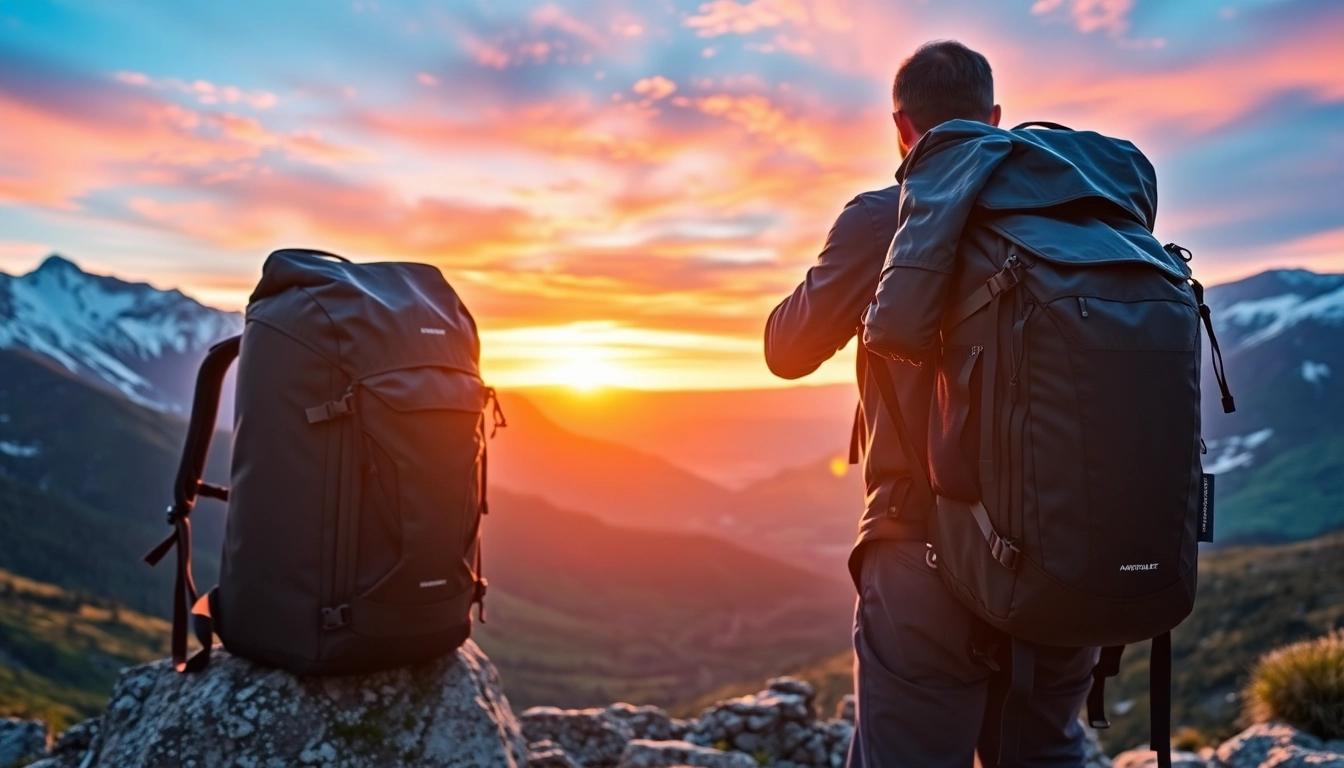 Man adjusting his lightweight daypacks for mountain climbing against a scenic mountain backdrop.