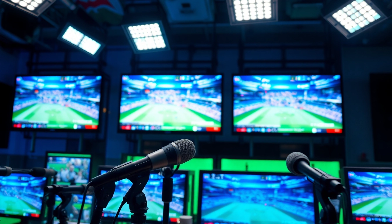 Engaging scene of sports broadcasting featuring a live studio setup and active broadcaster.