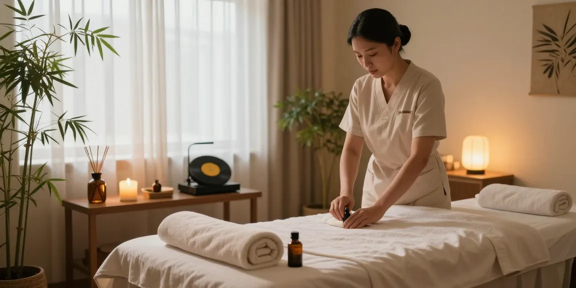Massage therapy room set up for relaxation with soothing oils and soft lighting.