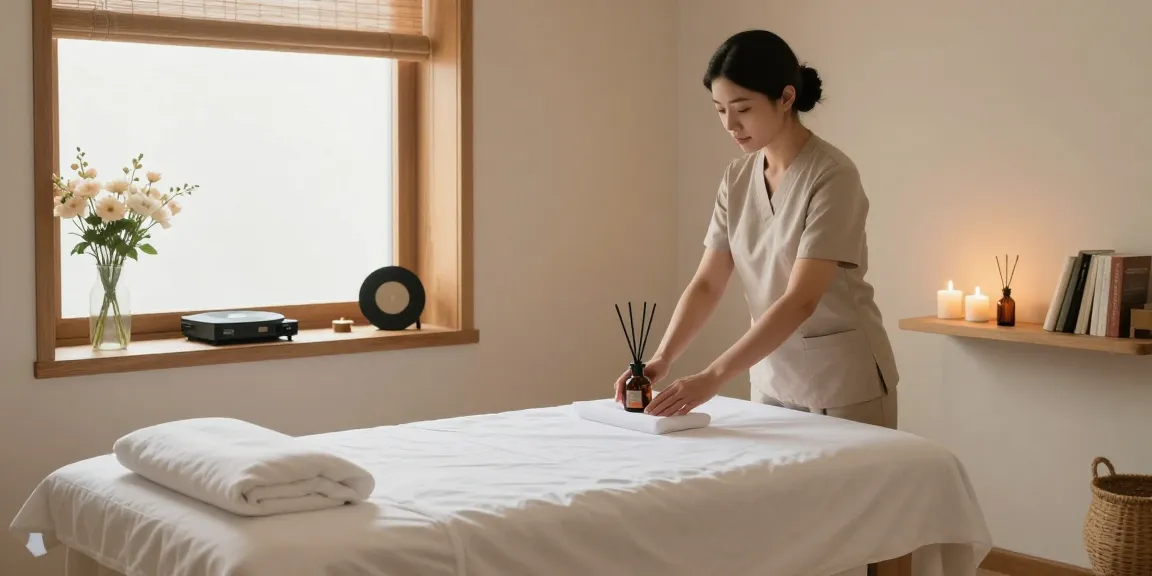 1인샵 massage therapist preparing a calming spa environment with ambient light and fresh flowers.