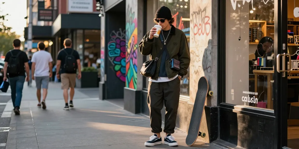 Stylish individual in 레플리카 fashion checks phone on vibrant city street.