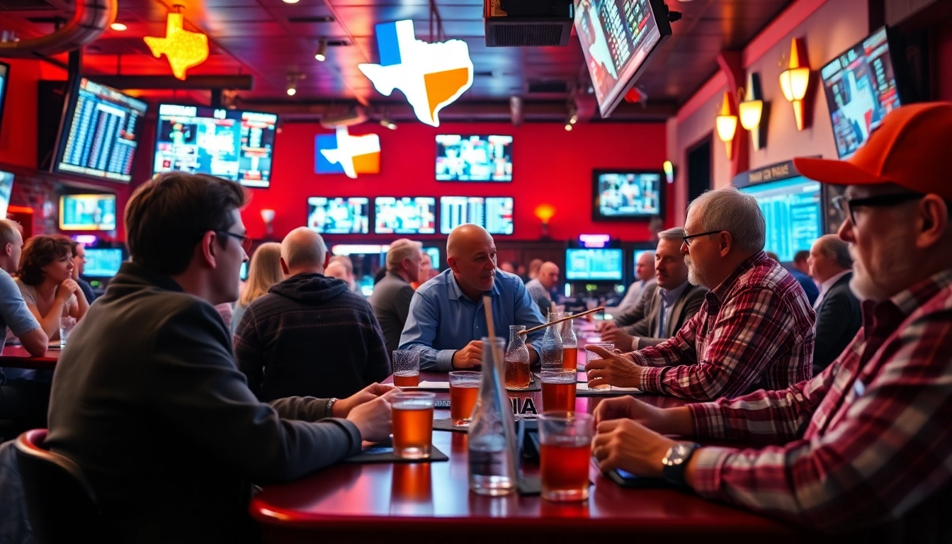 Engaging scene depicting Texas sports betting enthusiasts analyzing data and enjoying camaraderie.