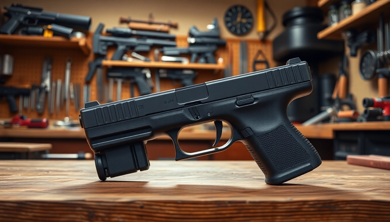 Detailed view of a Glock 19 slide on a workbench showcasing its craftsmanship.