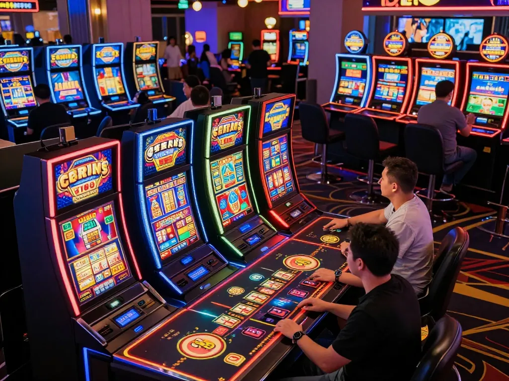 Players enjoying lively slot machine games at SC88, engaging in thrilling gambling action.