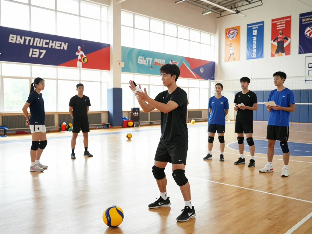 Volleyball thumb taping demonstration during training session in a vibrant gym.
