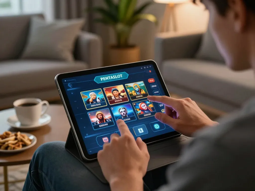 Engaging moment of a player using the pentaslot app on a tablet in a cozy home setting.