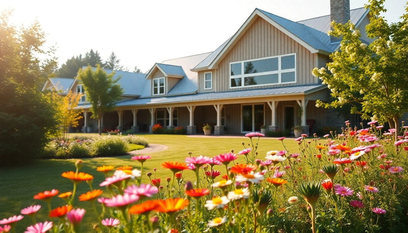 Canton Farmhouse showcasing its elegant design surrounded by lush greenery and blooming flowers.