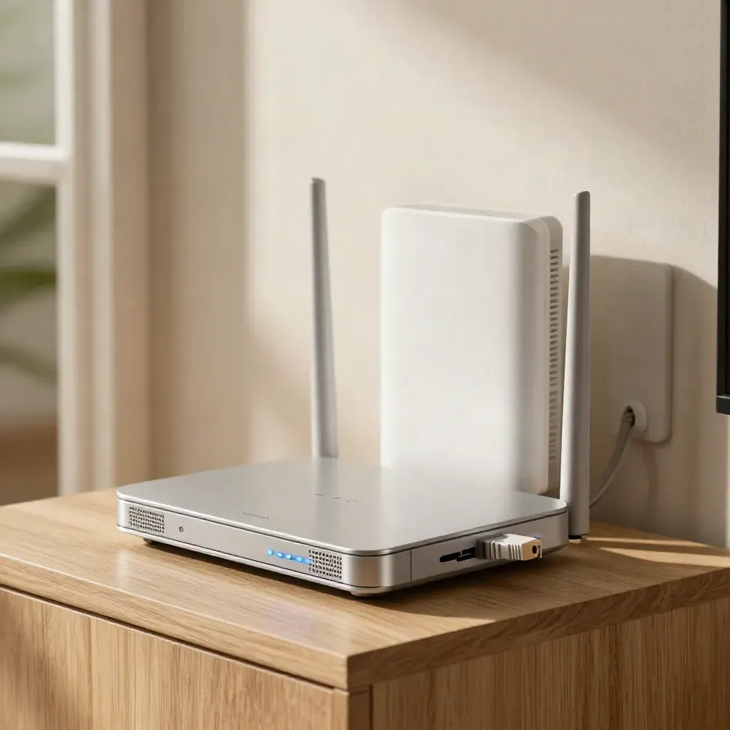 Extreme macro of modem, mesh router, and wall access point in a bright entry nook.