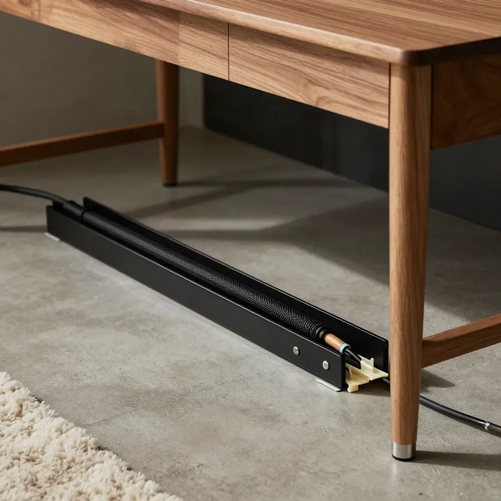 Under-desk cable tray with braided sleeves and clips beneath a walnut workstation.