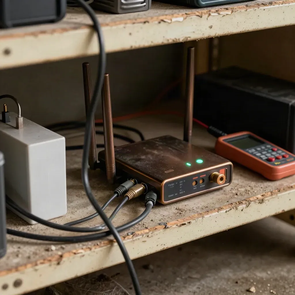 Basement shelf with router, splitter, power brick and tester as the connection comes back on.