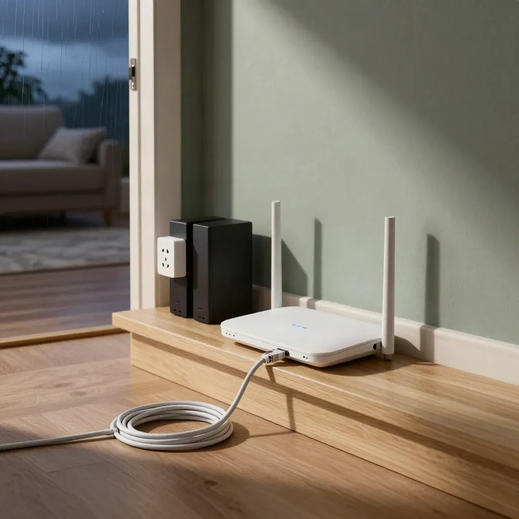 Router, mesh node and cable raceway glowing in a storm-dark mudroom corner