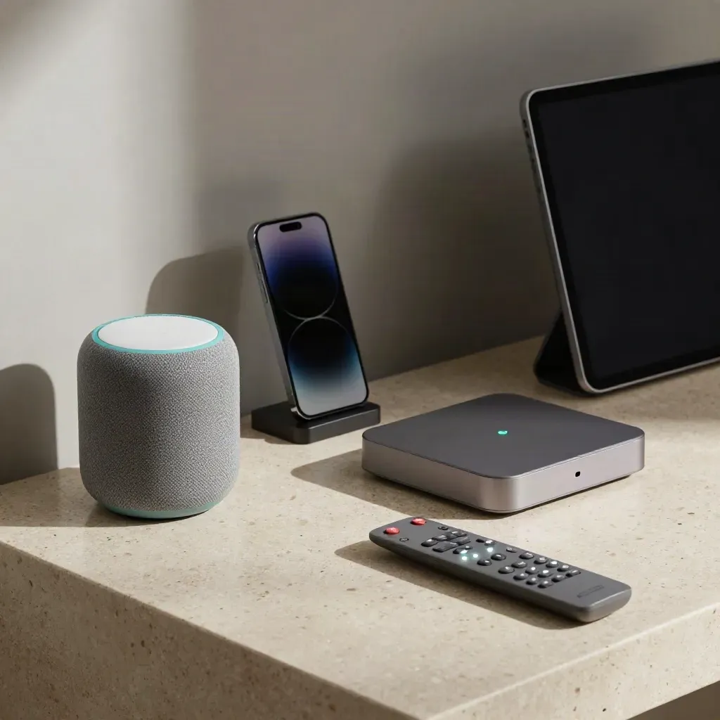 Smart speaker, phone dock, streaming box, remote and tablet stand with synchronized indicator lights.