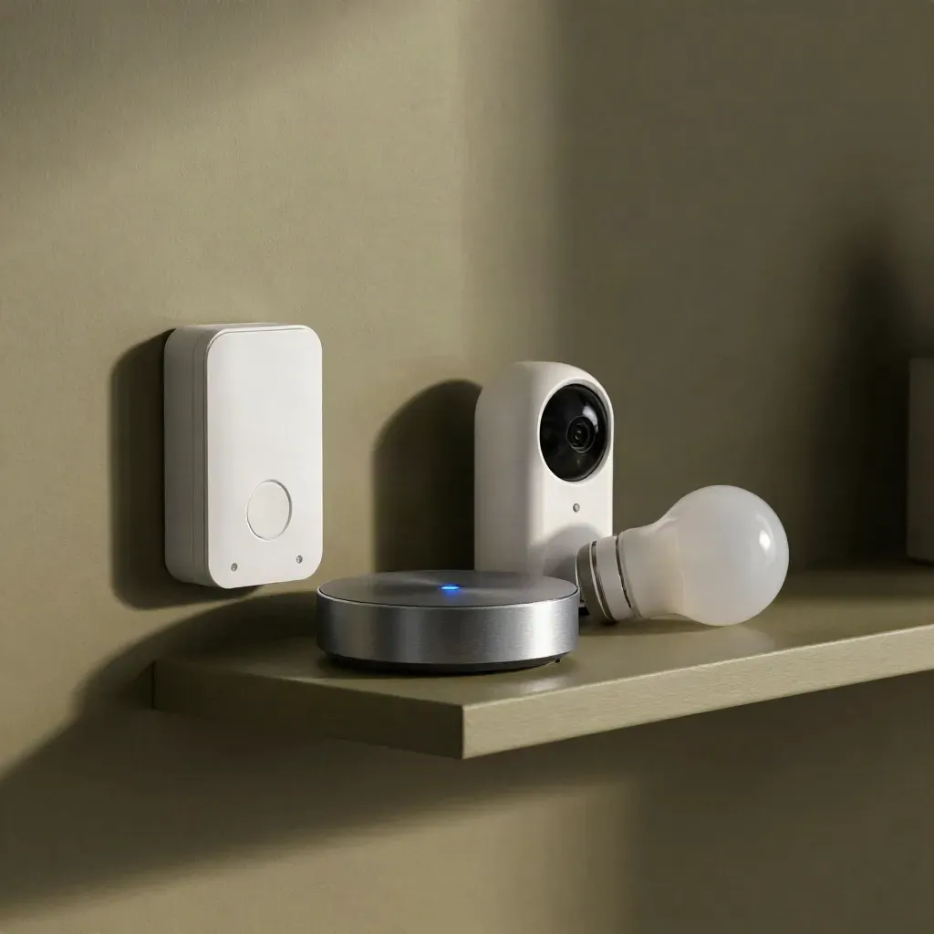 Smart home devices glowing on a painted shelf in moody evening light.