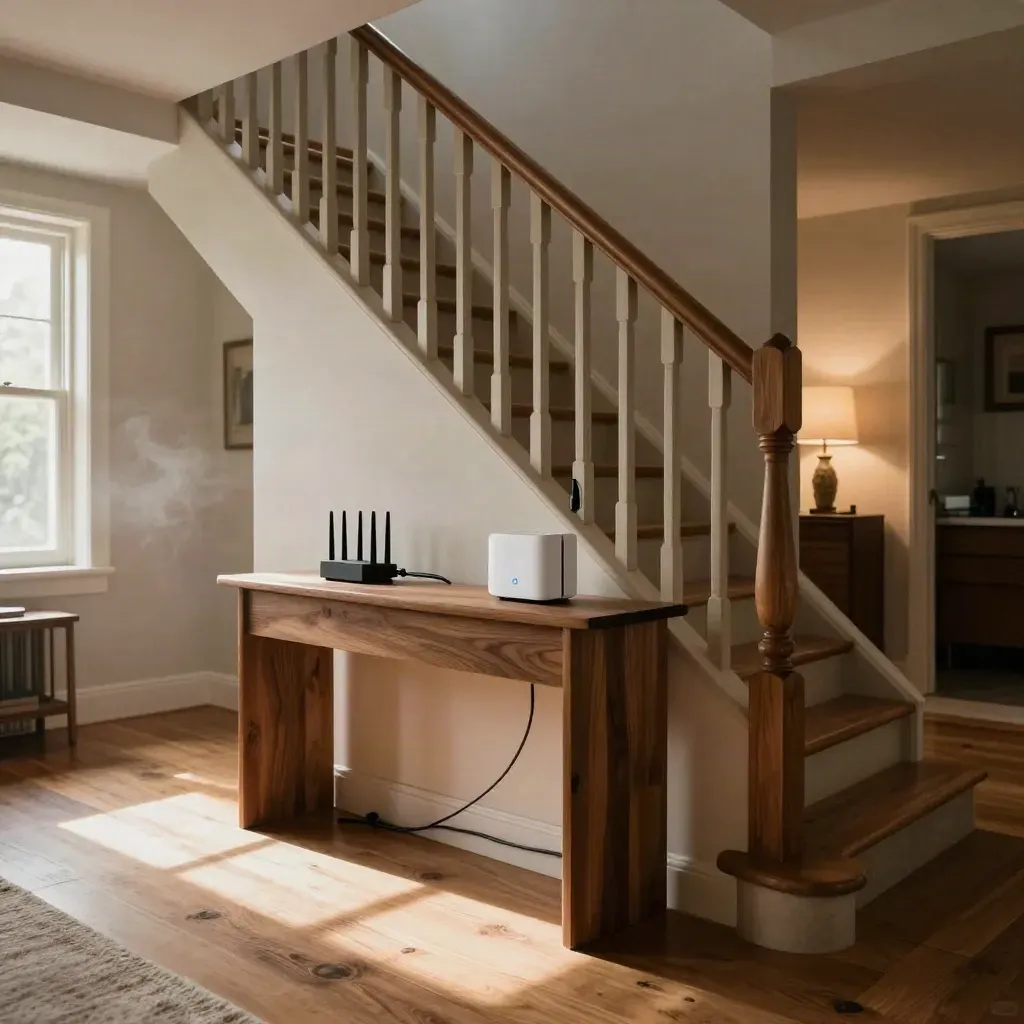 Staircase view of a home with Wi‑Fi mesh nodes glowing on both floors