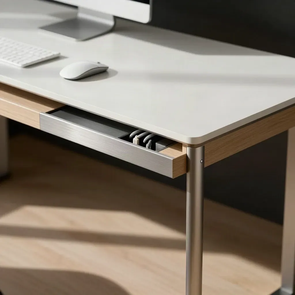 Clean home office desk edge with hidden cable tray, dock and mouse, floor visible beneath