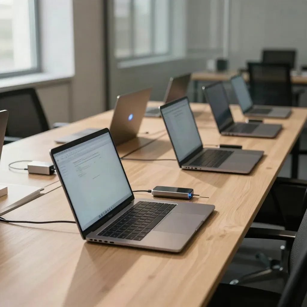 Five open laptops glowing on a long worktable in a quiet office, ready for a Monday team.