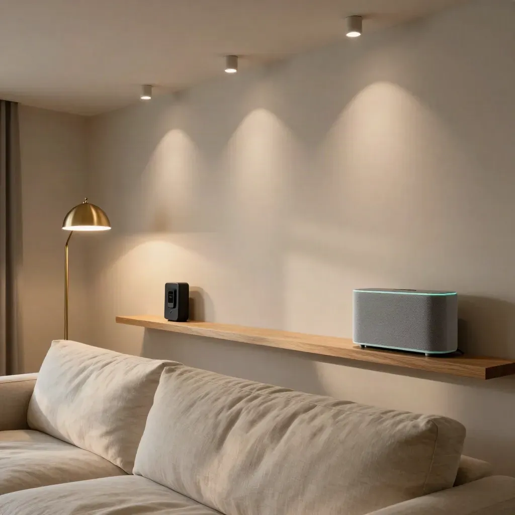 Living room smart lights, doorbell chime, and speaker glowing in sync.