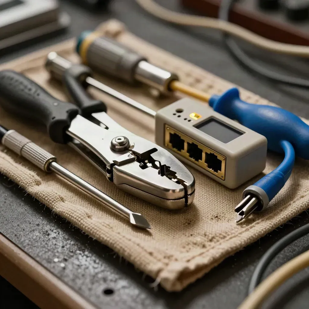 Macro of an open network tech tool roll with crimpers, tester, screwdriver bits and blue patch leads.