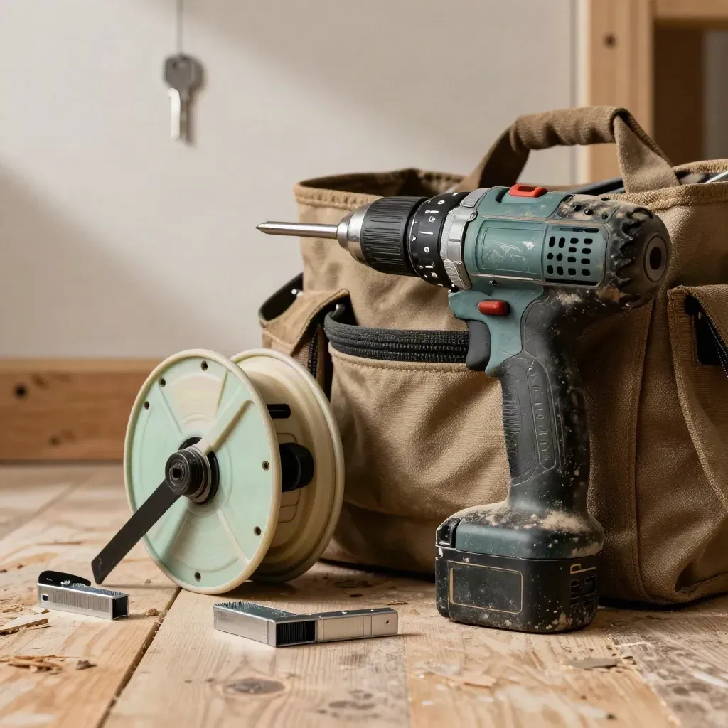 Low-angle still life of a drill, fish tape reel, stud finder and cable staples in a rugged tote.
