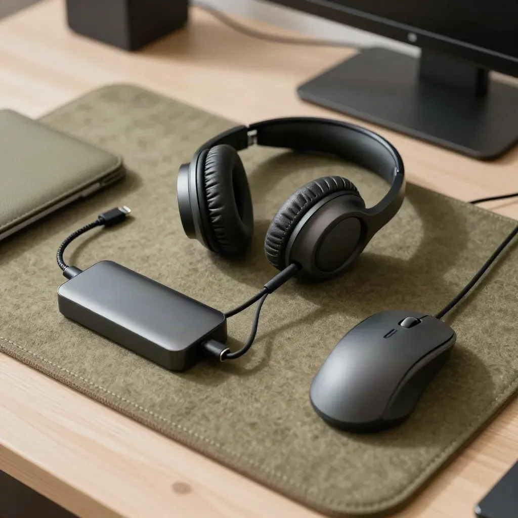 Headset cradle, USB-C dock, mouse, and laptop sleeve on a remote-help workstation