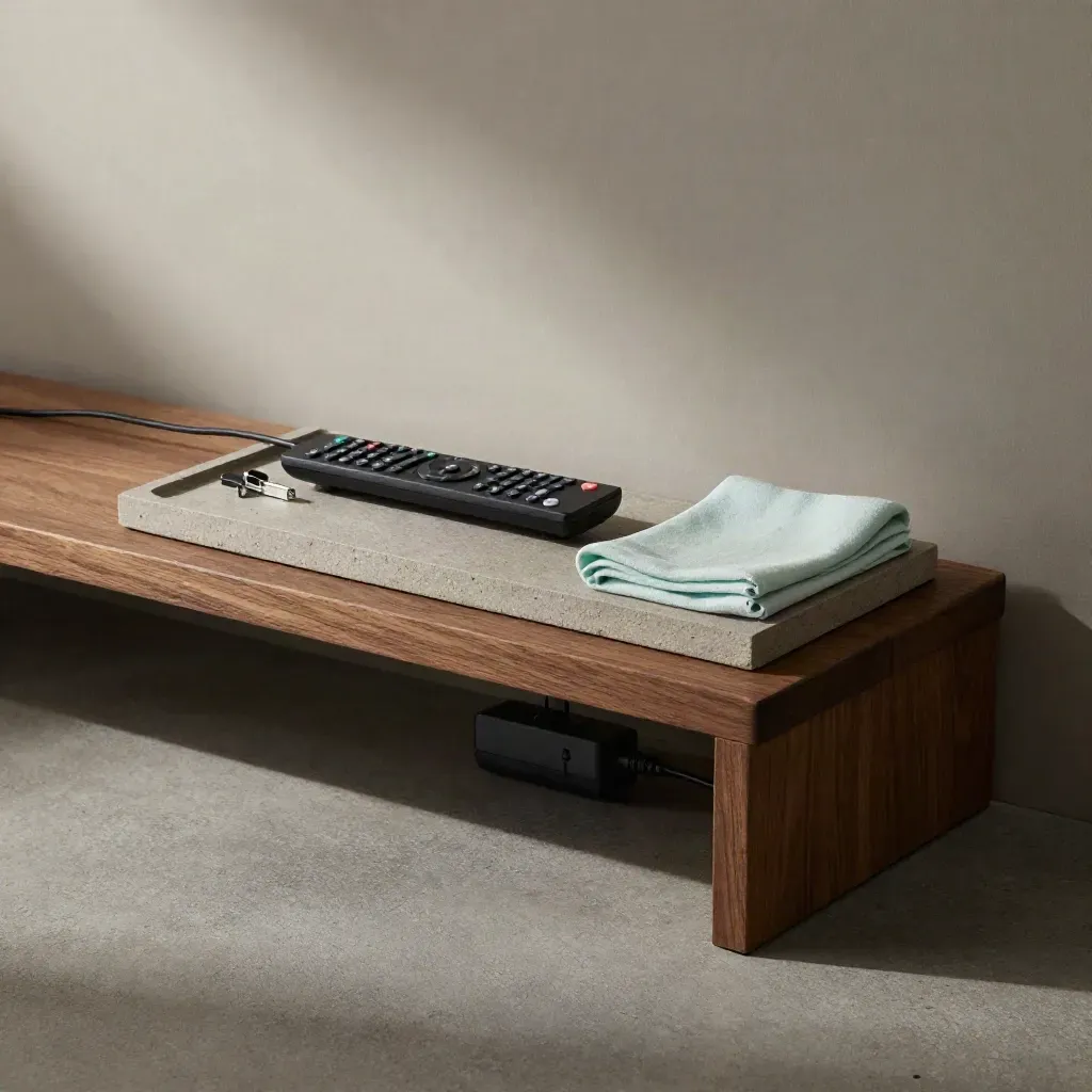 Low TV corner still-life with remote, cable clips, hidden power strip, and folded cloth.