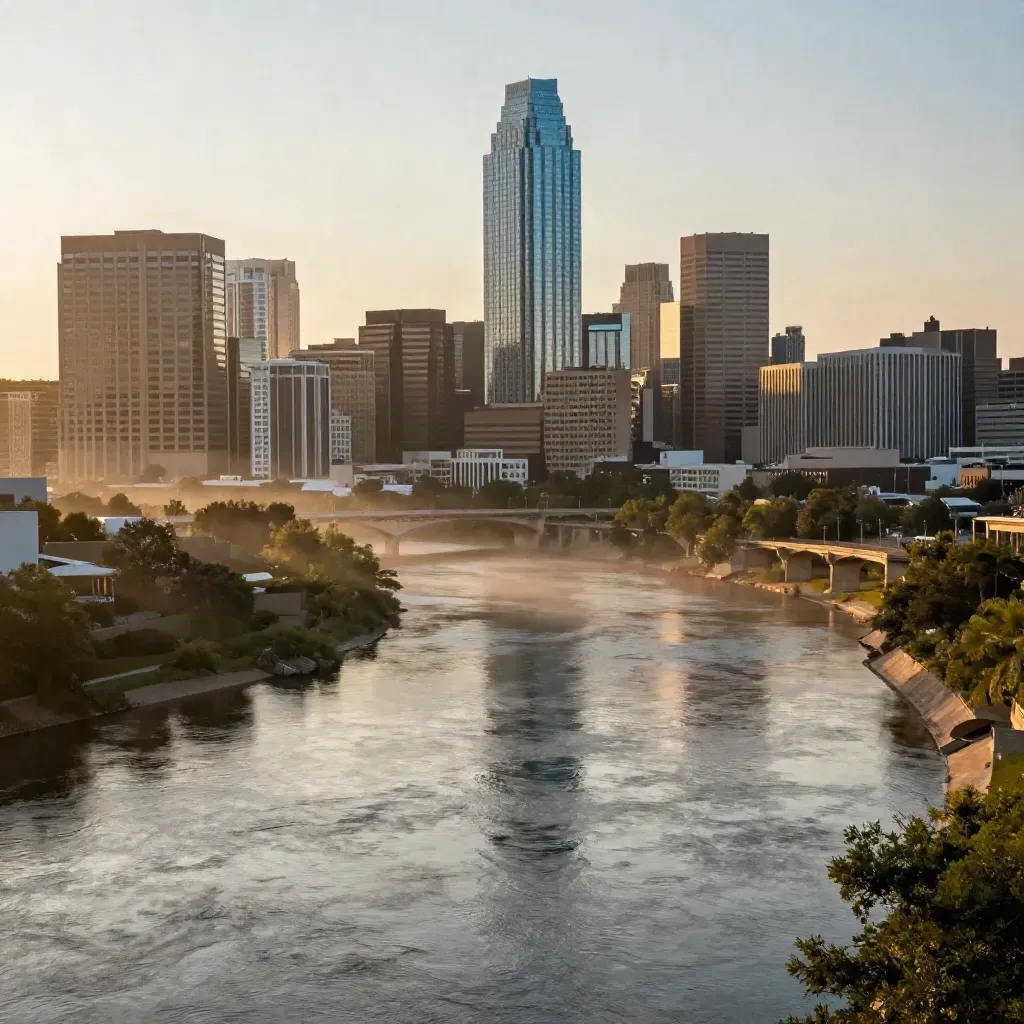 Austin skyline over a hazy river corridor at golden hour.