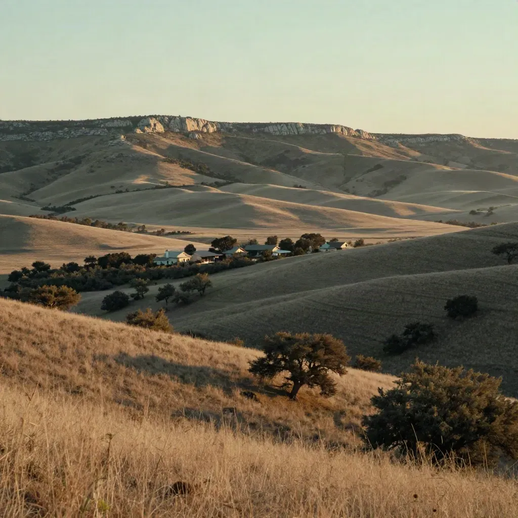 Hill Country ridge above hazy brush and open ranchland at sunset