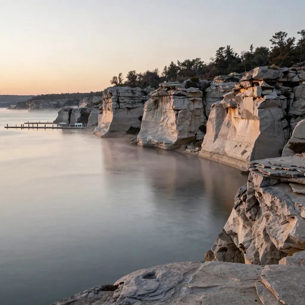 Lake Travis dusk with limestone bluffs, distant marina, and calm misty water under a luminous sky.