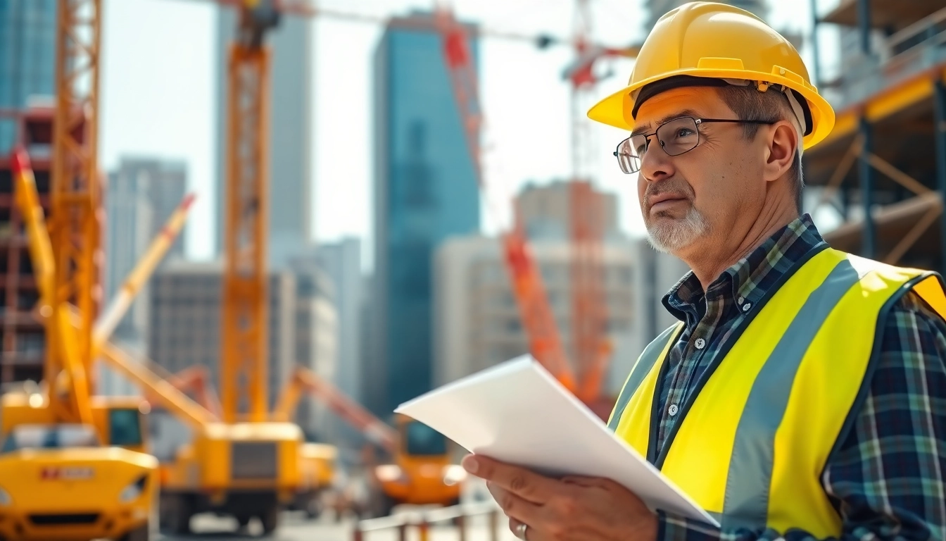 Manhattan commercial general contractor reviewing plans at a bustling construction site.