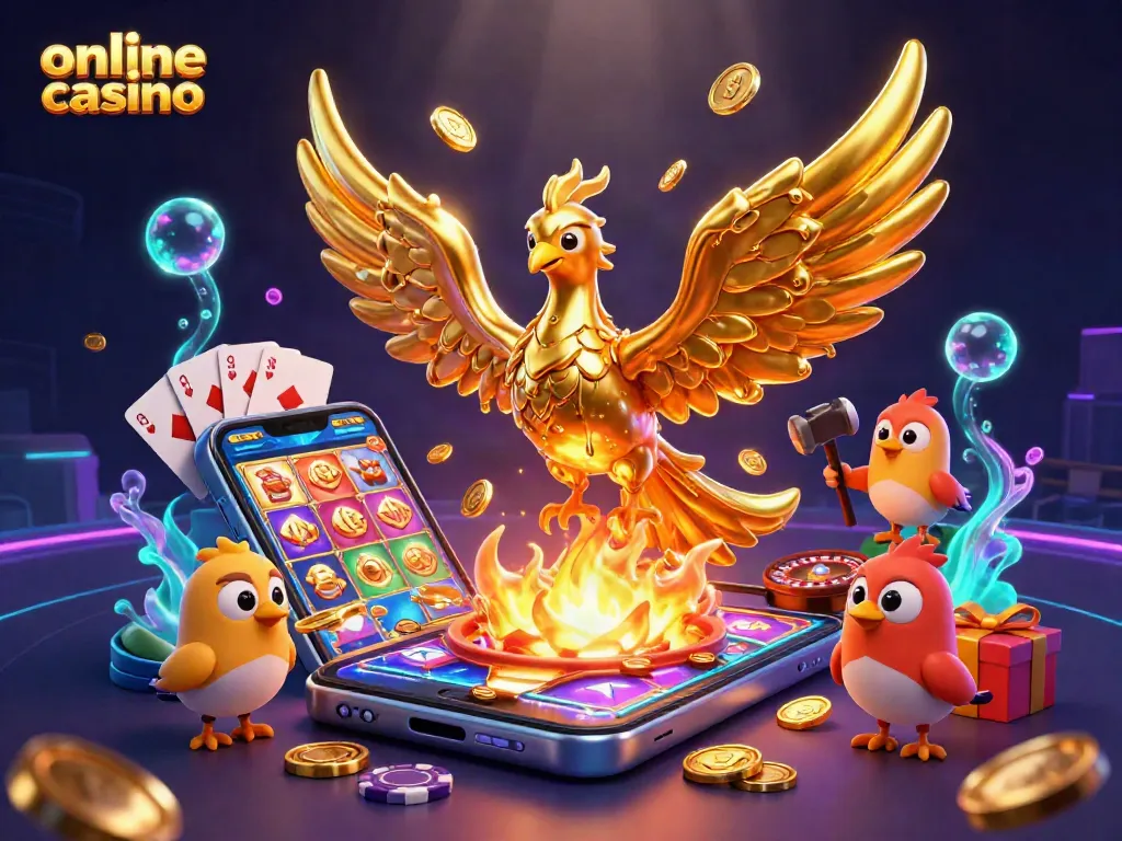 Juega en un casino en línea emocionante con un fénix dorado y elementos de juego vibrantes.