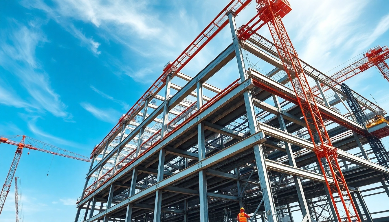 Illuminate structural steel construction with workers assembling beams at a construction site.
