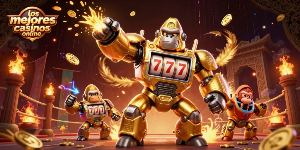 Ilustra visualmente los mejores casinos online con una máquina tragamonedas mecánica y un gorila dorado.