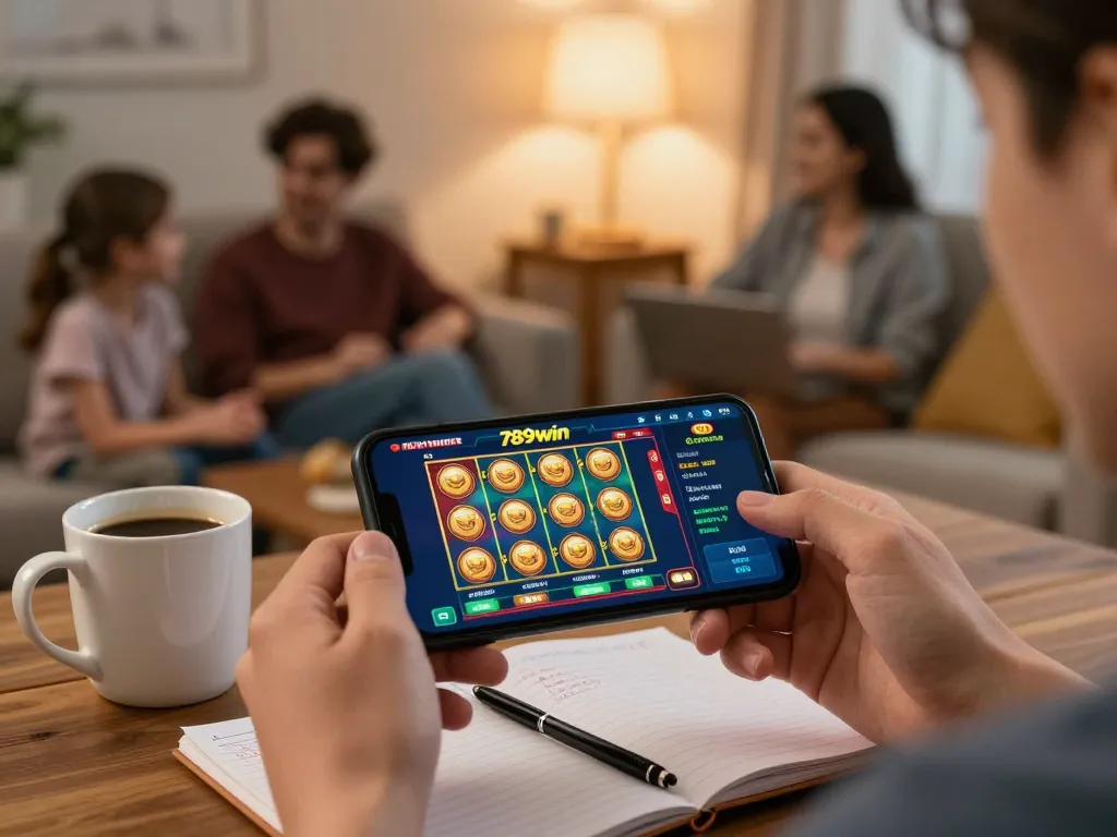 Engaging gaming scene with 789win app on smartphone during a cozy night at home.