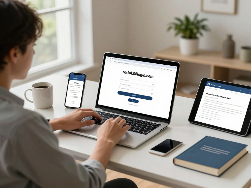 User interacting with secure login platform https://rokok88login.com at home workspace with laptop, smartphone, and user guide.