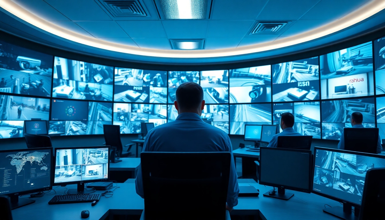 Técnicos de vigilancia Dahua monitoreando las transmisiones de seguridad en una sala de control moderna