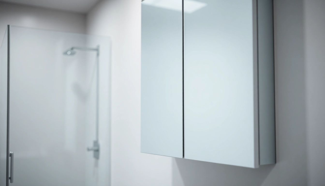 Stylish bathroom cabinet with mirror and light illuminating a modern bathroom space.