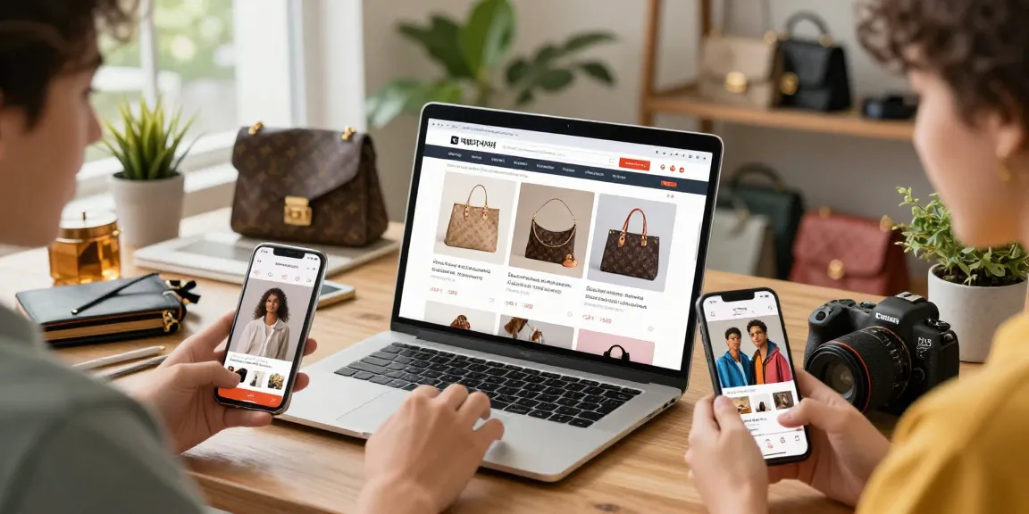 Engaging individuals exploring 레플리카 사이트 on laptops, featuring luxury replicas and vibrant workspace.
