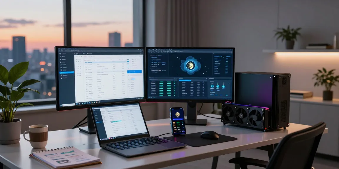 Cloud mining crypto setup with monitors displaying Bitcoin analytics, laptop showing cryptocurrency transactions, and secure hardware wallet