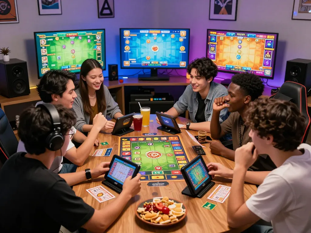 Engaged friends playing nổ hũ hubet88 lottery online with colorful graphics.