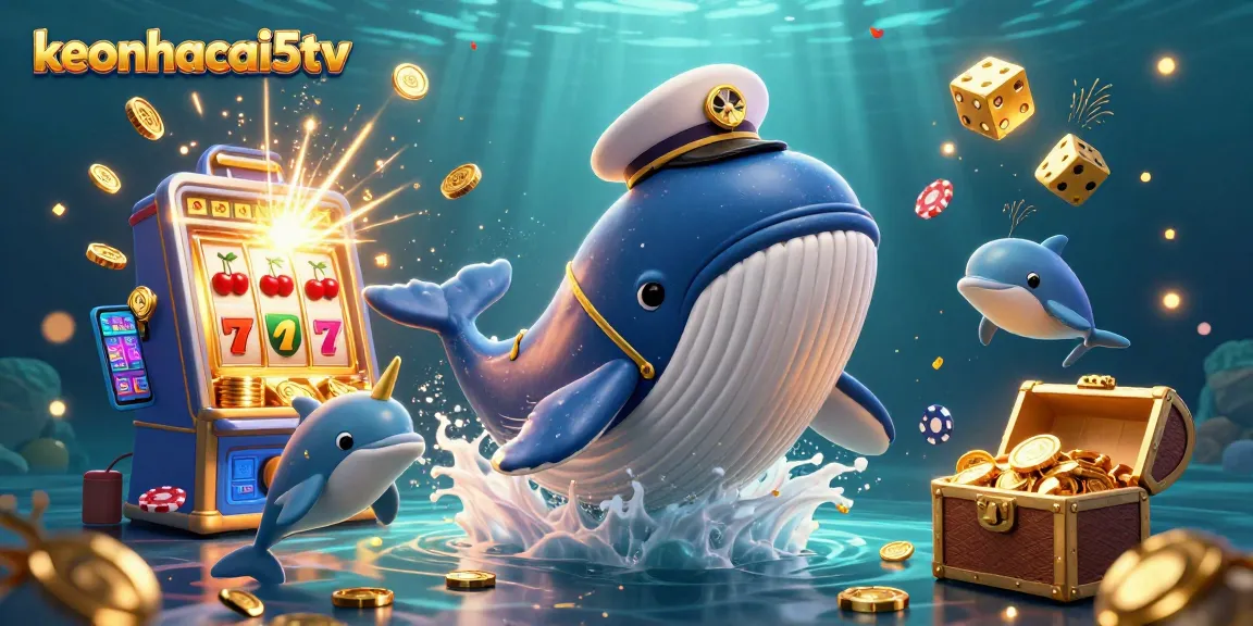keonhacai5tv features a vibrant illustration of a whale and dolphins winning with casino games