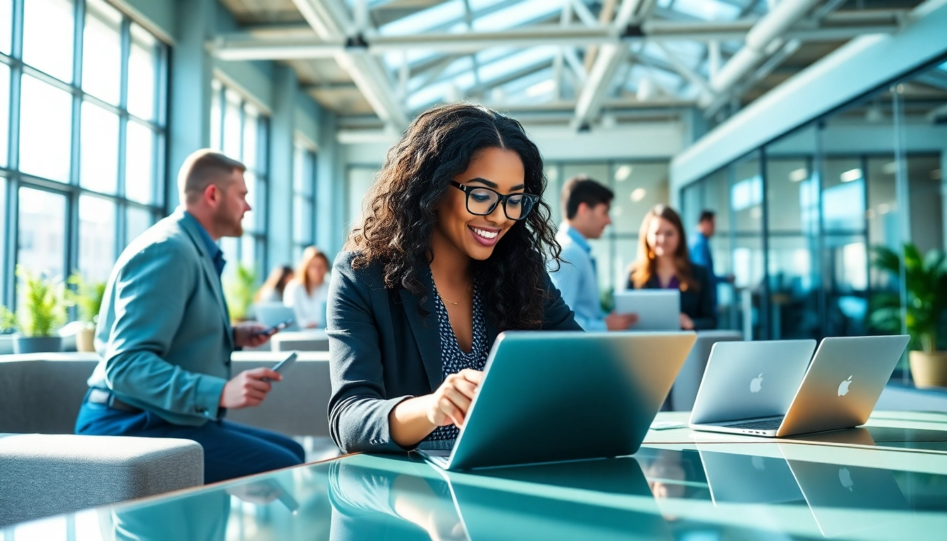 Engaging assistant for enterprise highlighting teamwork in a bright office.