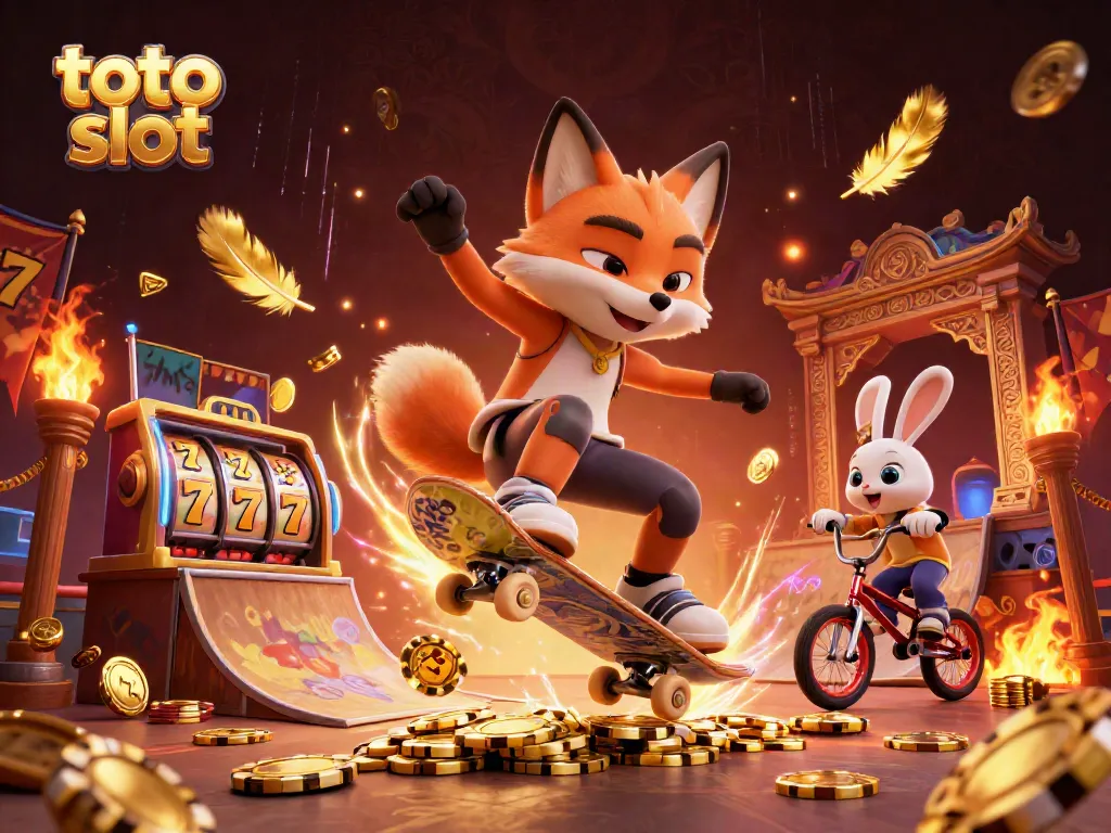 A dynamic illustration of a skateboarder fox and BMX rabbit showcasing toto slot action surrounded by casino elements.